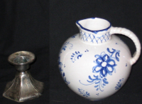 Metal jug, ceramic jug, candlestick